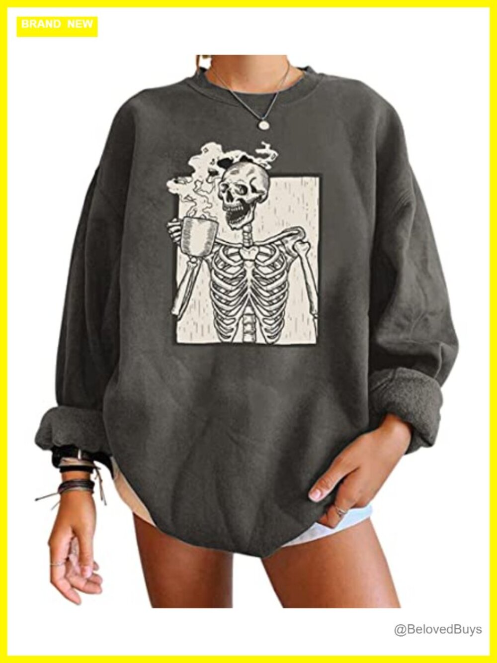Oversized Fleece Sweatshirt Skull Graphic Crewneck Drop Shoulder